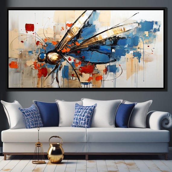 Golden Royal Geometric Dragonfly 01 Modern Home Decor Vibrant Nature Art Large Insect Print Abstract Wall Art By Nichecanvas