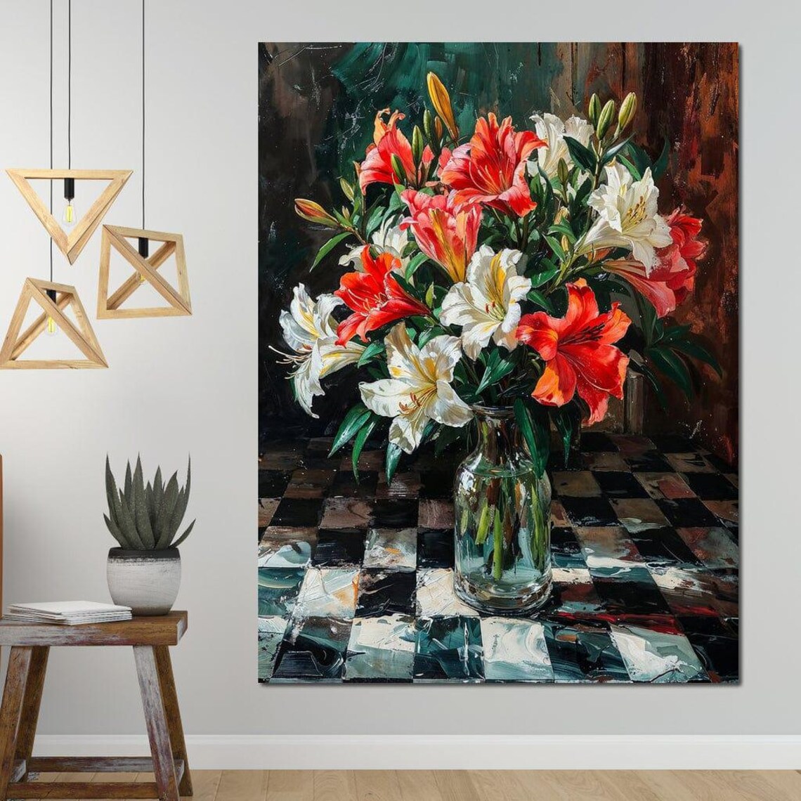 Red White Orange Lilies Bouquet Glass Vase Classic Still Life Poster - Image 2