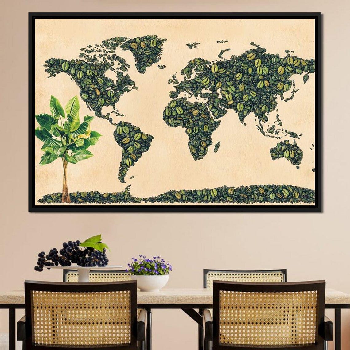 World Map Made Of Green Coffee Beans Rustic Kitchen Wall Art Poster - Image 2