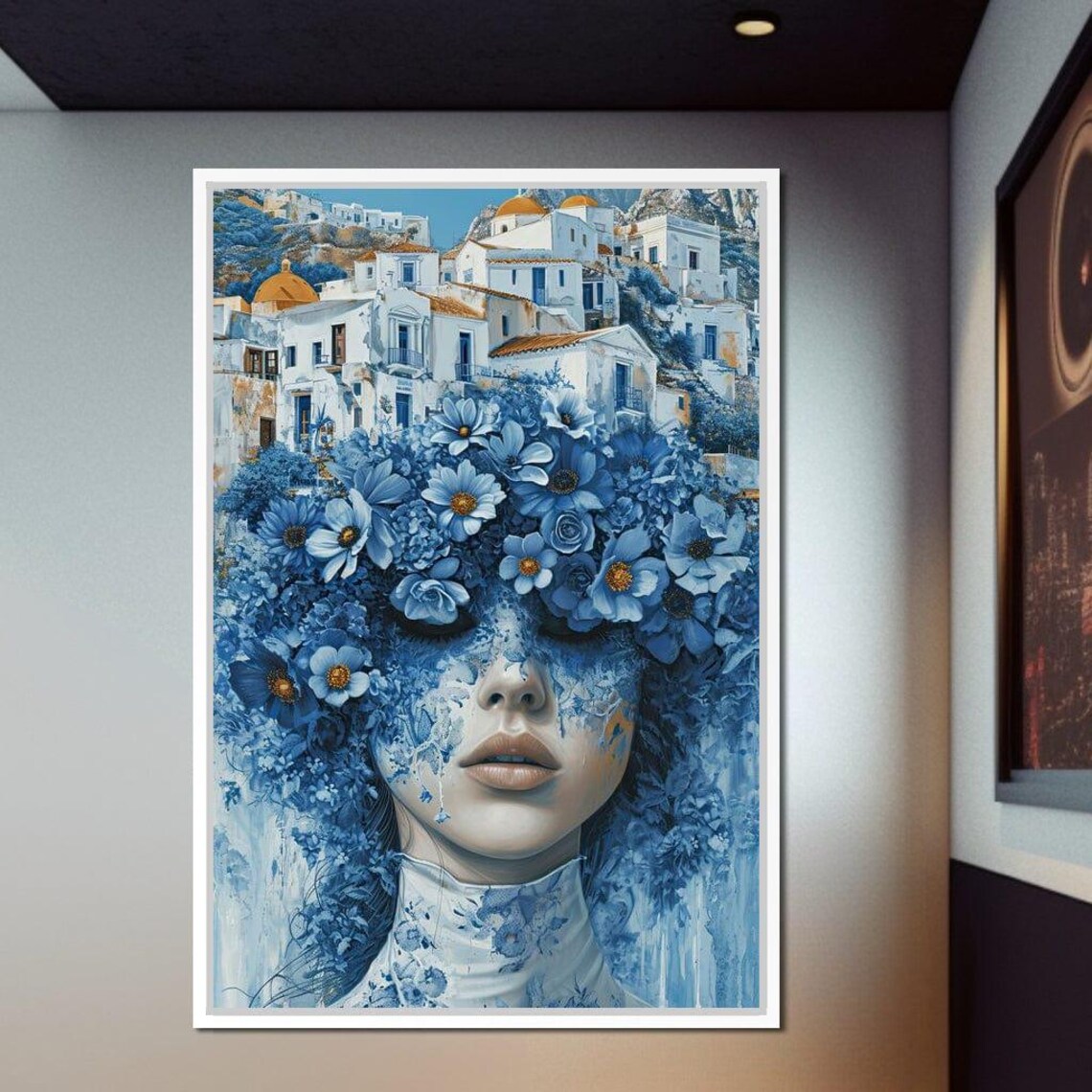 Blue Flowers Woman Portrait White Mediterranean Village Wall Art Print - Image 2
