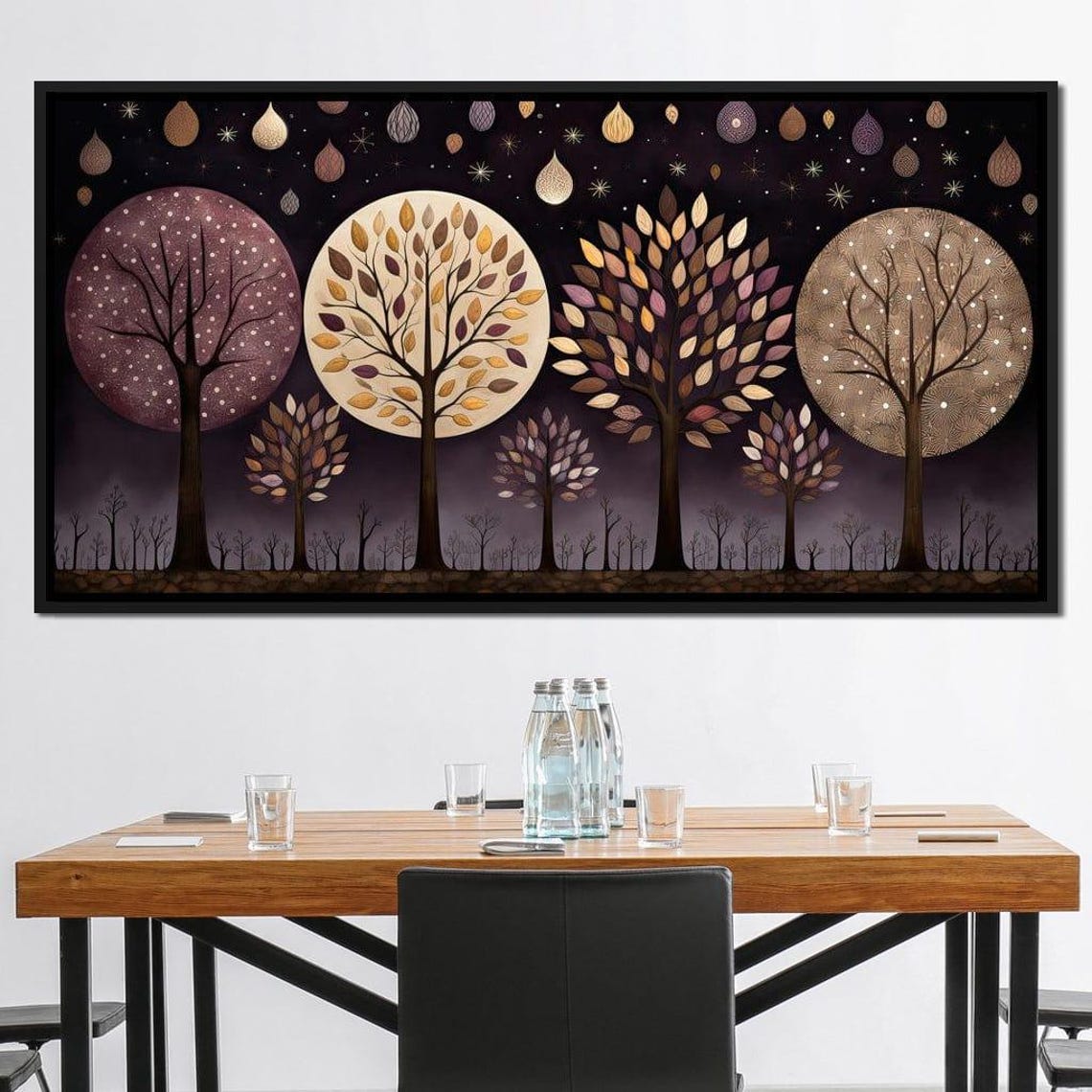 Four Seasons Stylized Trees Full Moon Starry Night Forest Wall Art