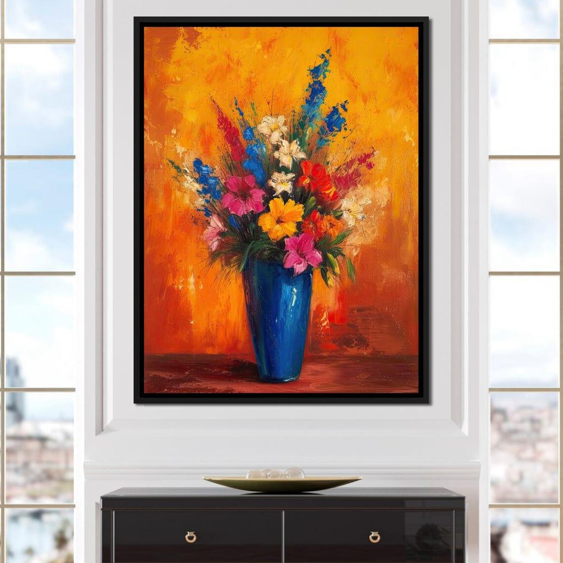 Bold Floral Bouquet Blue Vase Fiery Orange Background Wall Art Poster - Image 4