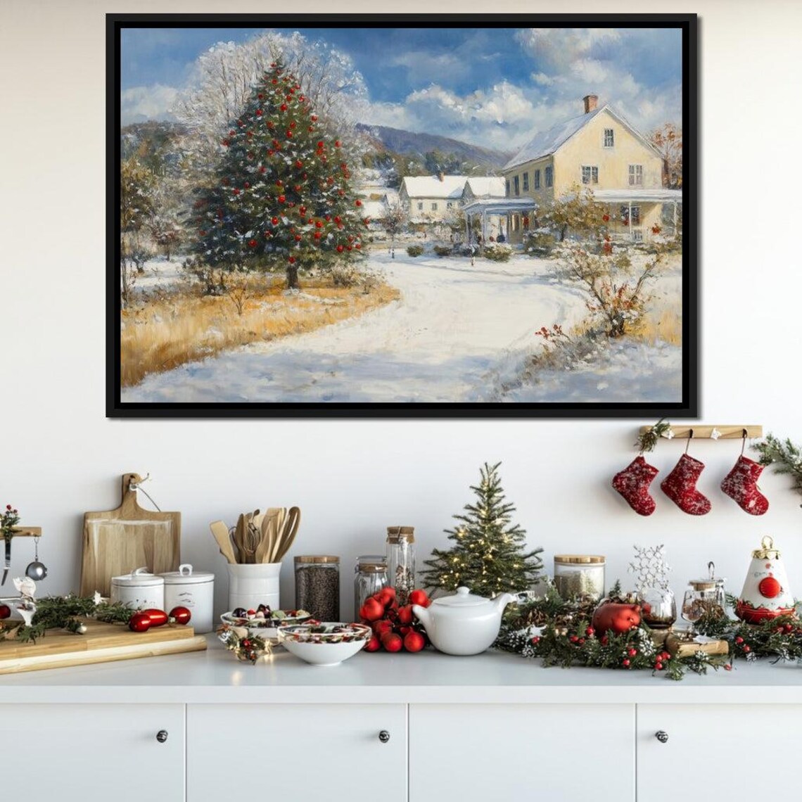 Snowy Christmas Village Big Red Ornament Tree Farmhouse Scene Poster - Image 3