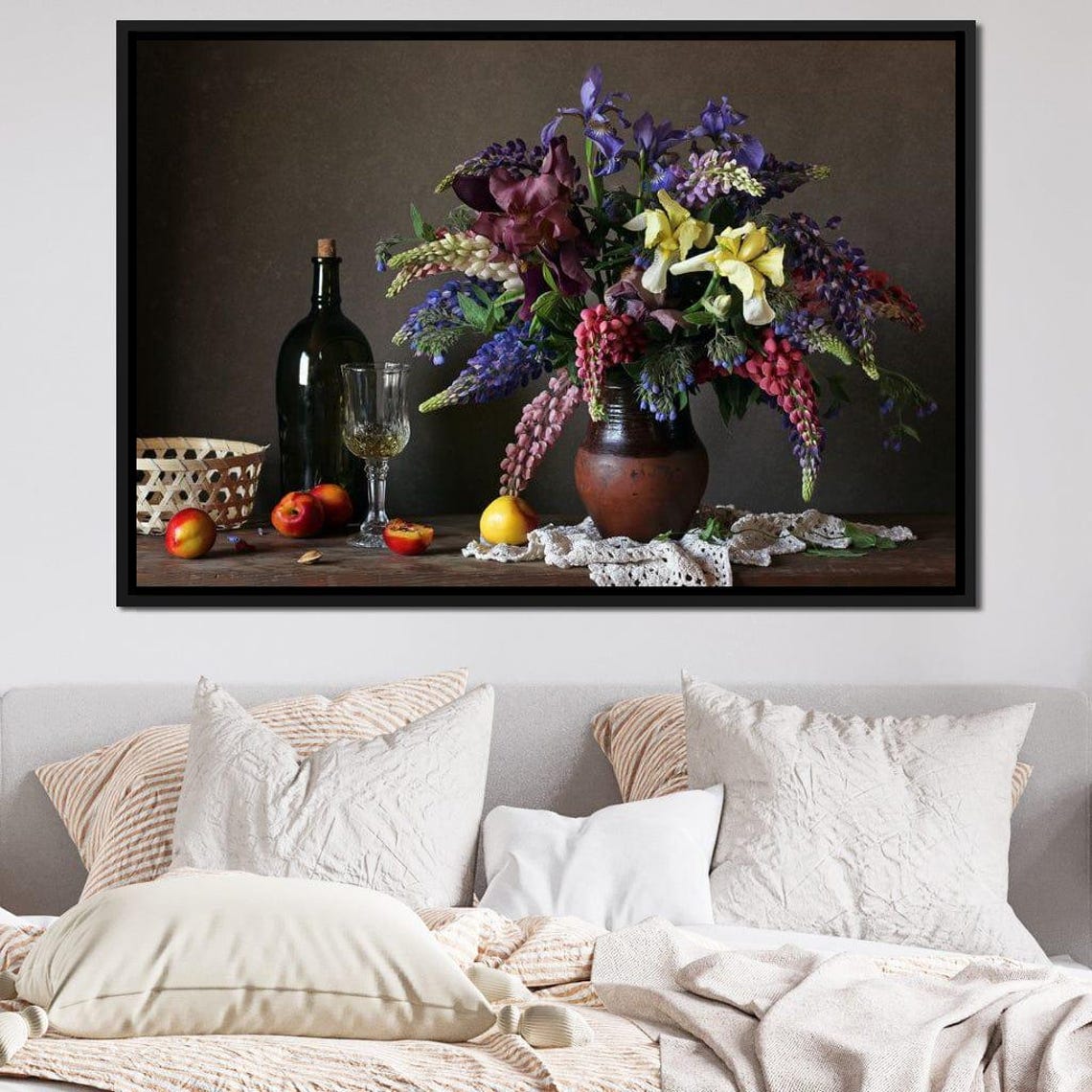 Purple Iris Lupine Still Life Wine Bottle Fruit Photo Wall Print - Image 4