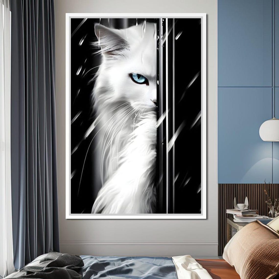White Cat Blue Eyes Rain Glass Monochrome Framed Dramatic Wall Art - Image 4