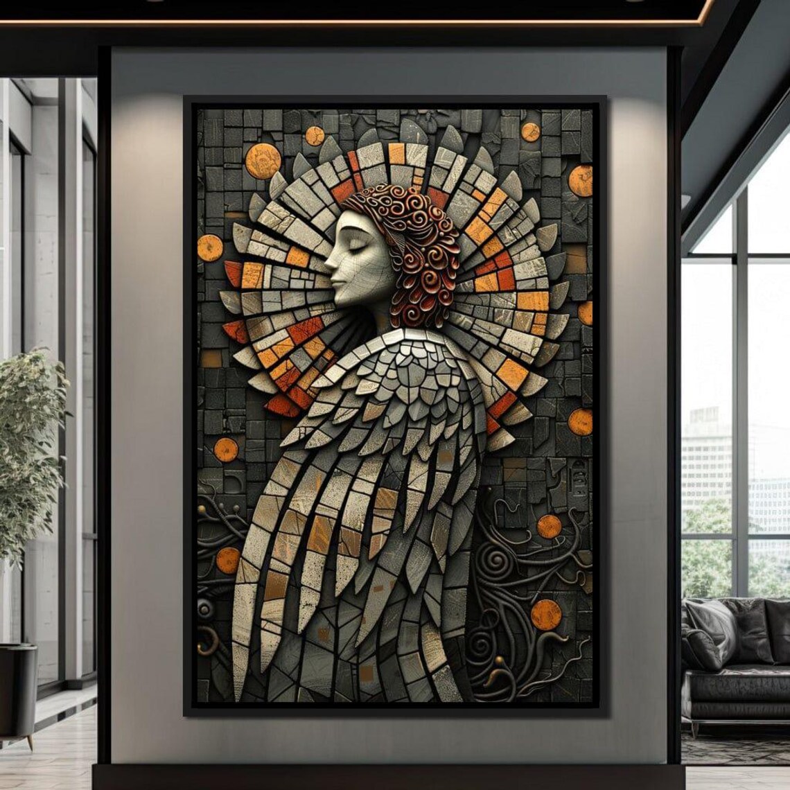 Mosaic Angel Gray Orange Wings Gothic Spiritual Dark Wall Art Poster - Image 3