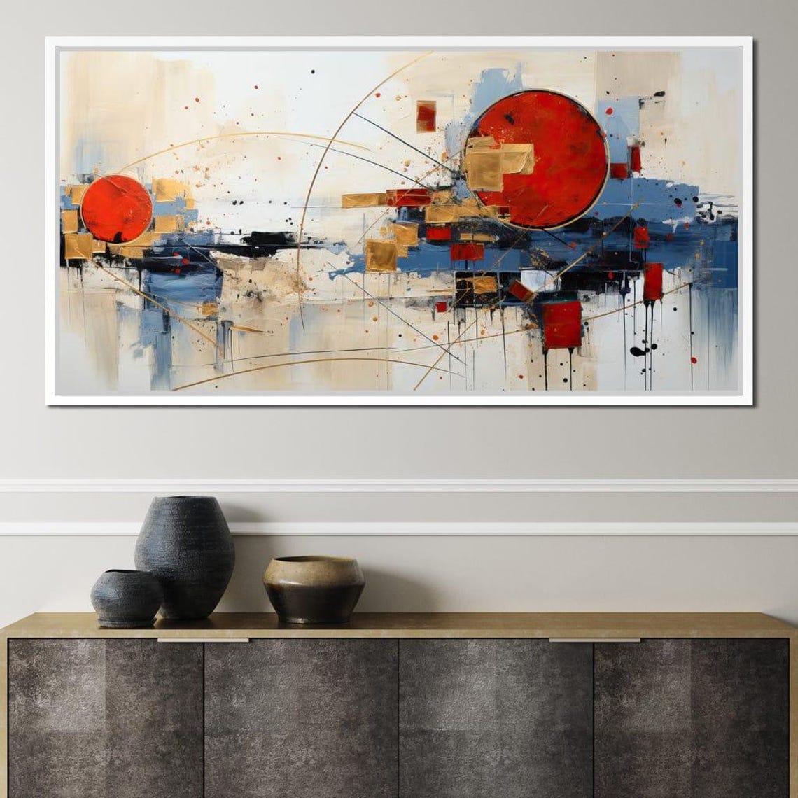 Golden Royal Geometric Harmony 02 Modern Abstract Wall Art Bold Beige Blue Red Circle By Nichecanvas - Image 3
