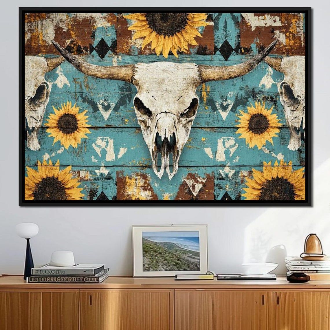 Longhorn Skull Sunflower Turquoise Western Rustic Wall Art Print - Image 2