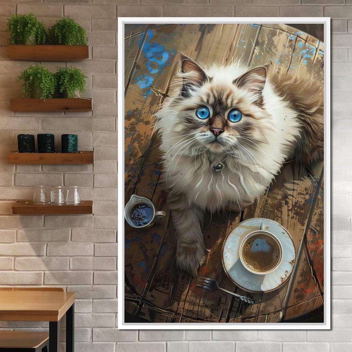 Blue Eyed Fluffy Cat Coffee Table Cute Kitty Portrait Rustic Wall Art - Image 2