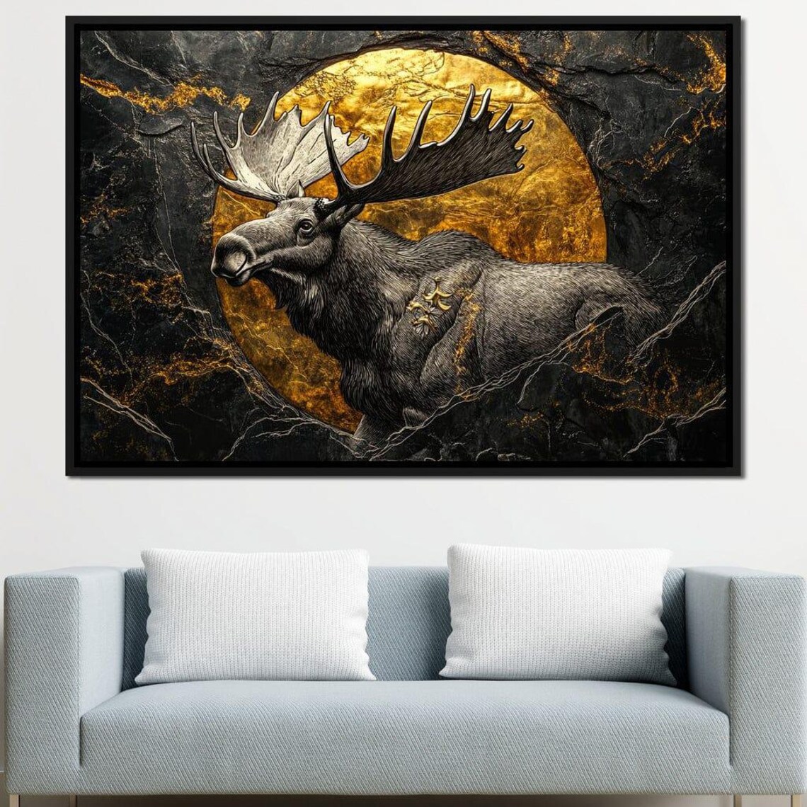 Majestic Moose Black Gold Marble Golden Moon Framed Wildlife Wall Art - Image 3
