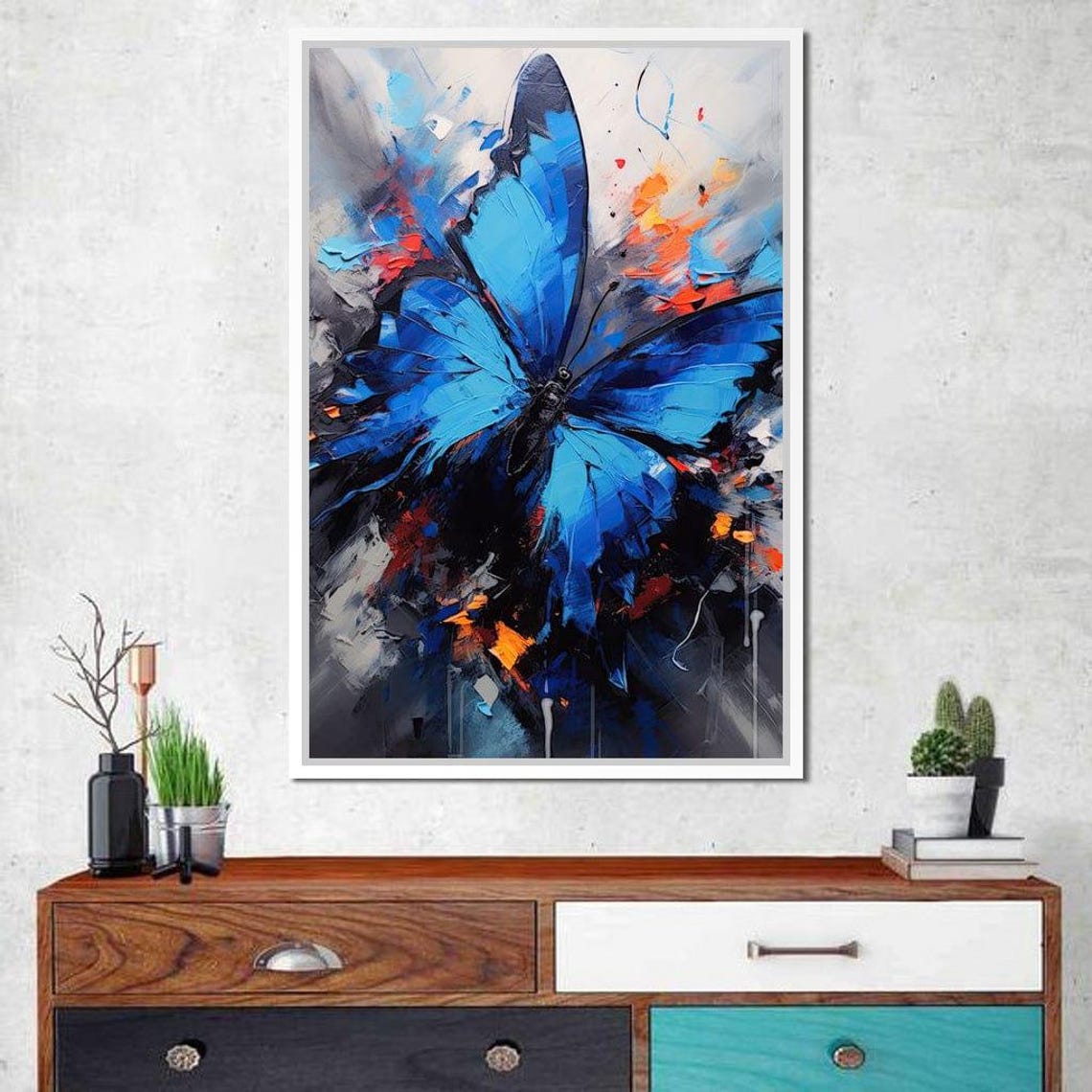 Blue Morpho Butterfly Abstract Grey Blue Paint Texture Wall Art - Image 4