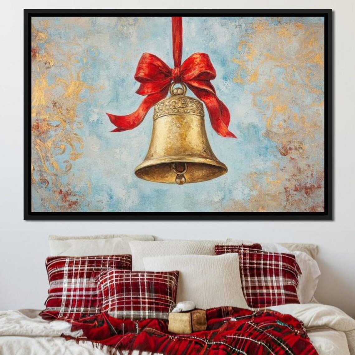 Golden Bell With Red Bow Pastel Blue Vintage Christmas Poster