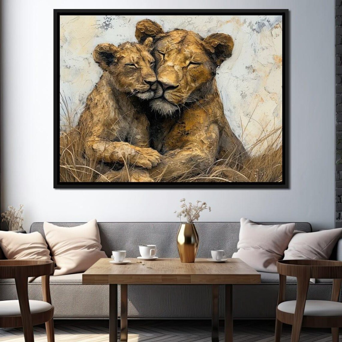 Lioness and Cub Tender Embrace Golden Savanna Wildlife Family Art Poster - Image 2