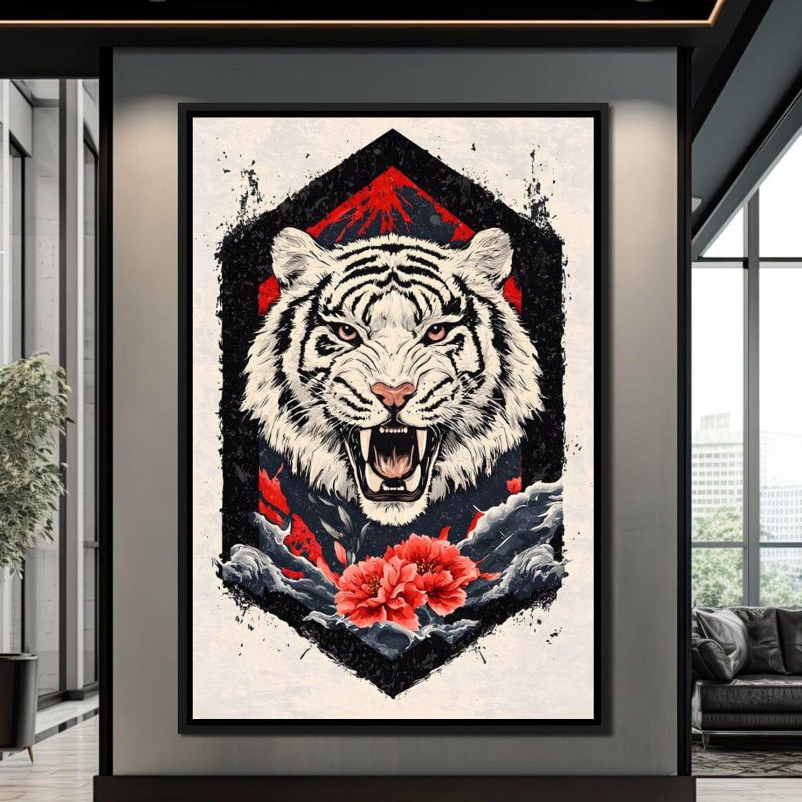 Roaring White Tiger in Japanese Style Red Sun and Waves Poster