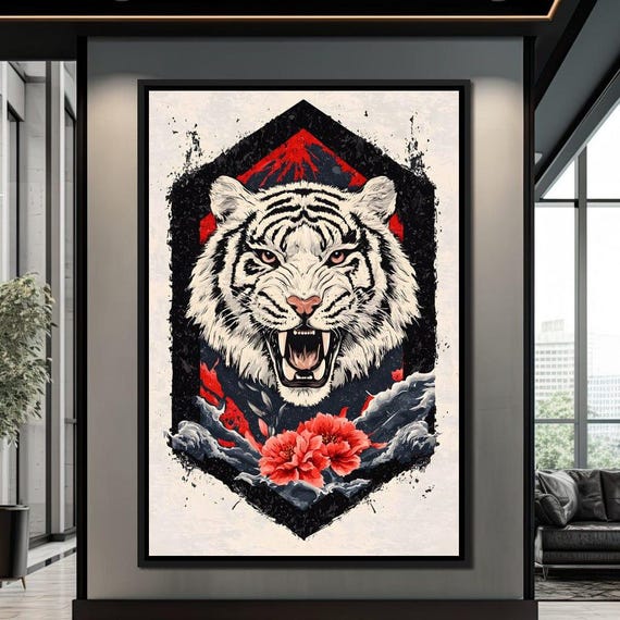 Siberian Tiger Roar Fierce Animal Art Nature Wall Decor Bold Home Decor Japanese Style Wildlife Painting By Nichecanvas