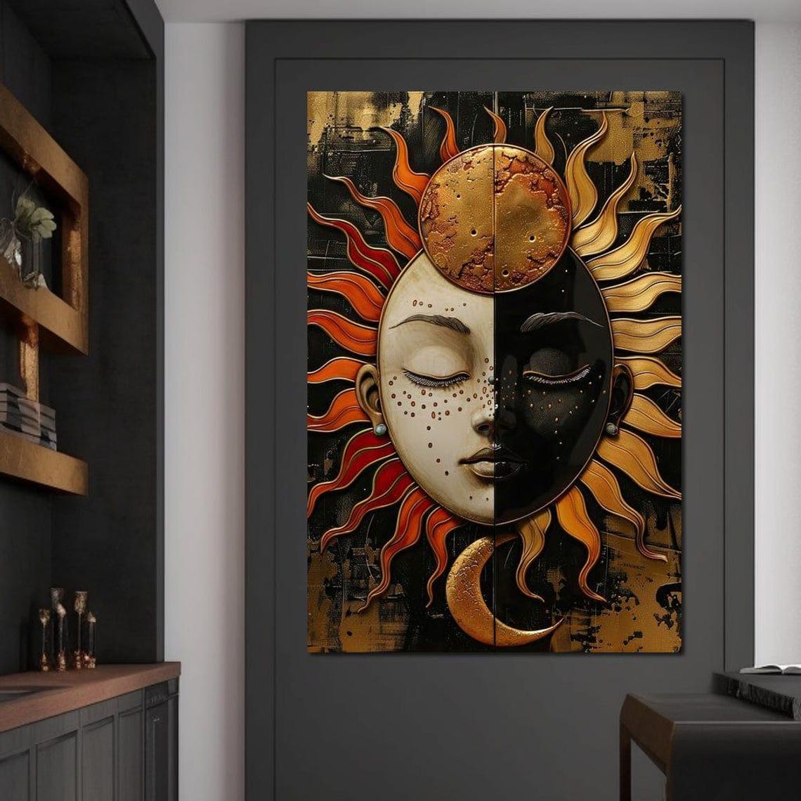 Sun Moon Duality Celestial Face Gold Black Cosmic Wall Art Poster - Image 2
