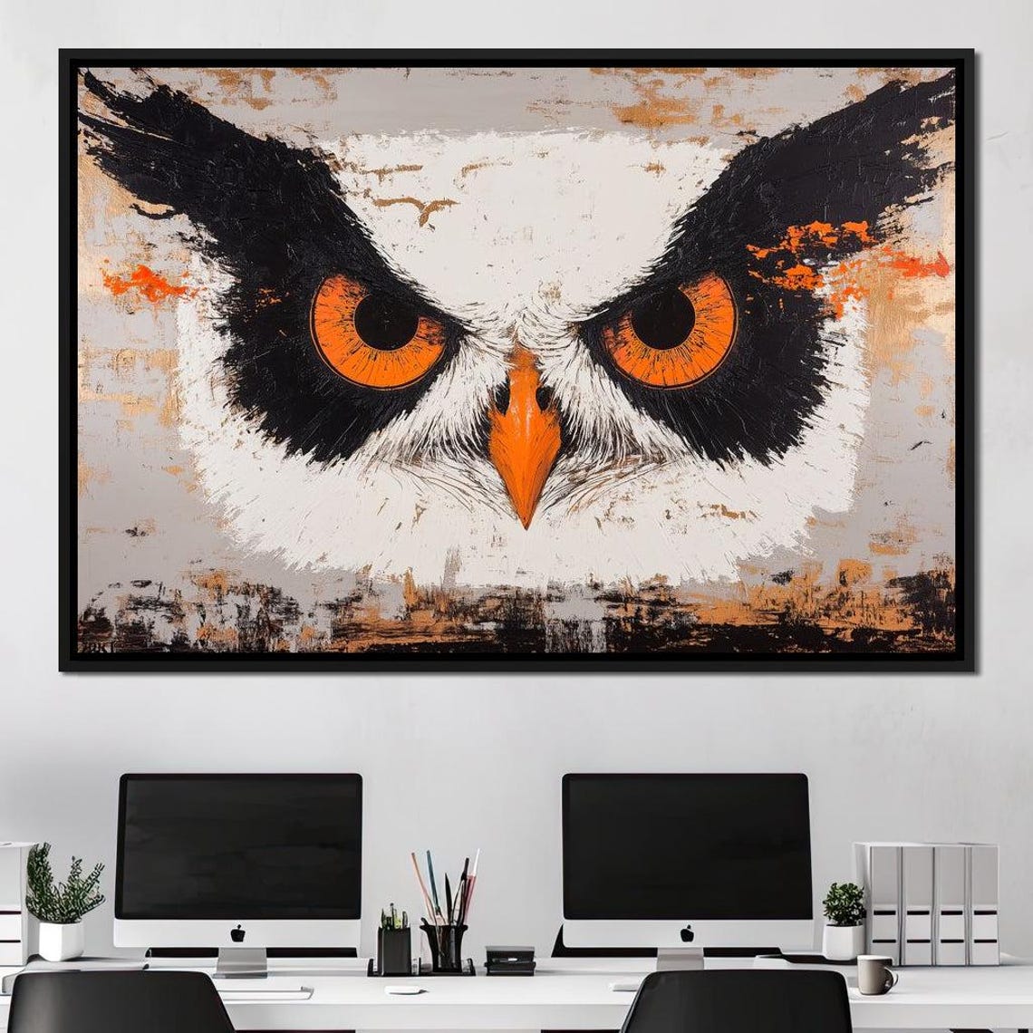 Fierce Owl Face Close Up Orange Eyes Black White Wildlife Art Poster - Image 3