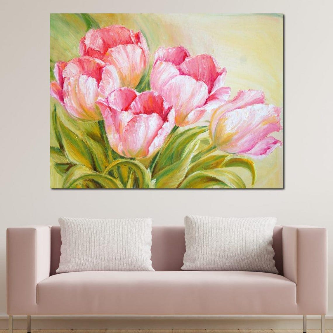 Pink Tulips Oil Painting Soft Yellow Green Spring Floral Print - Image 3