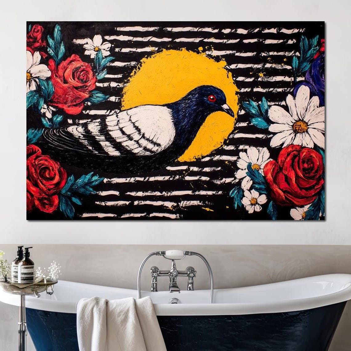 Perched Pigeon Yellow Moon Red Roses Striped Black Folk Bird Poster - Image 3