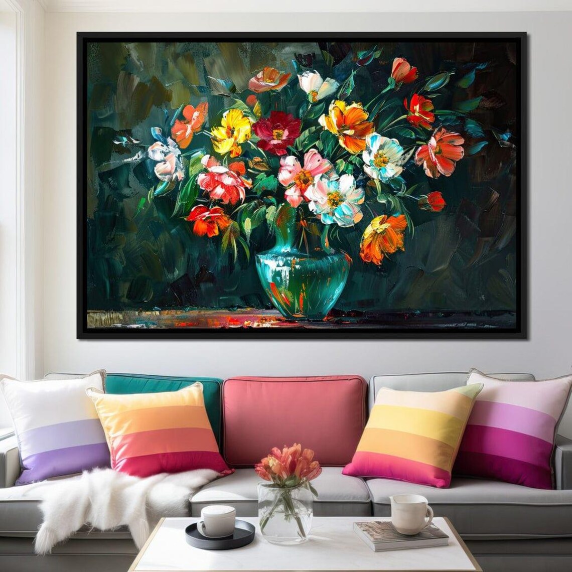 Colorful Garden Bouquet Oil Painting Green Vase Floral Wall Art Poster - Image 3