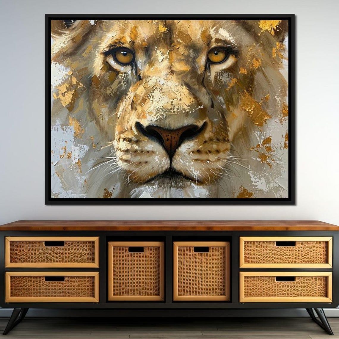 Golden Gaze Of The Sovereign Lion Wall Art Regal Home Decor Majestic Animal Print Safari Themed Art Gold Accent By Nichecanvas - Image 2