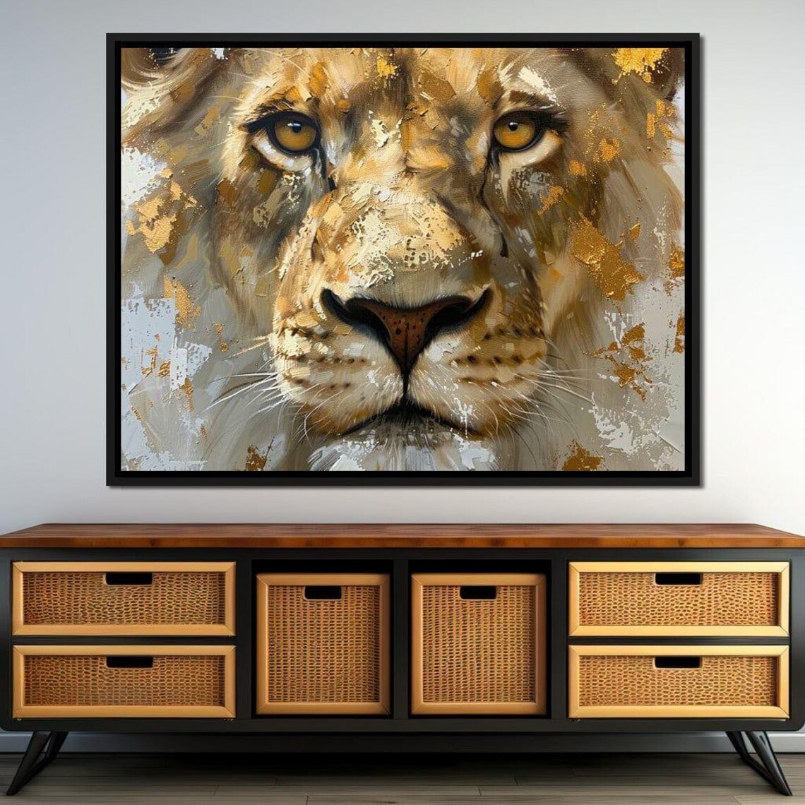 Majestic Lion Face Close Up Gold Splashes Amber Eyes Wall Art - Image 2