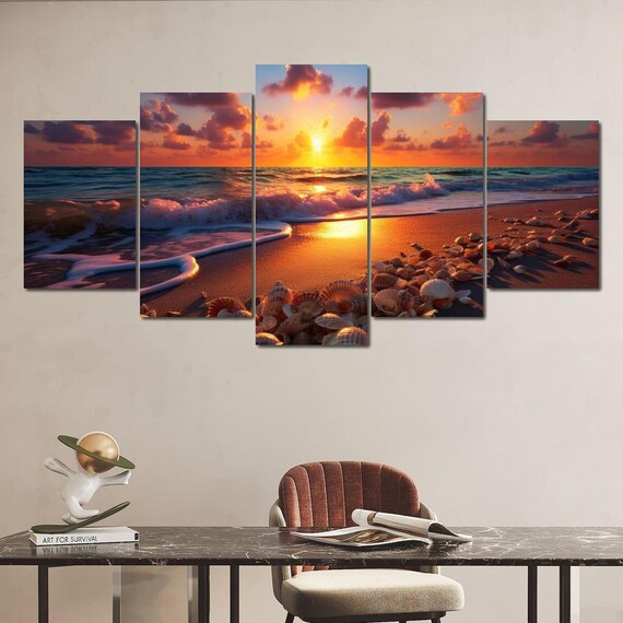 Sunset At The Seashell Shore Coastal Scene Beach Wall Art Ocean Sunset Tropical Decor Home Decor By Nichecanvas