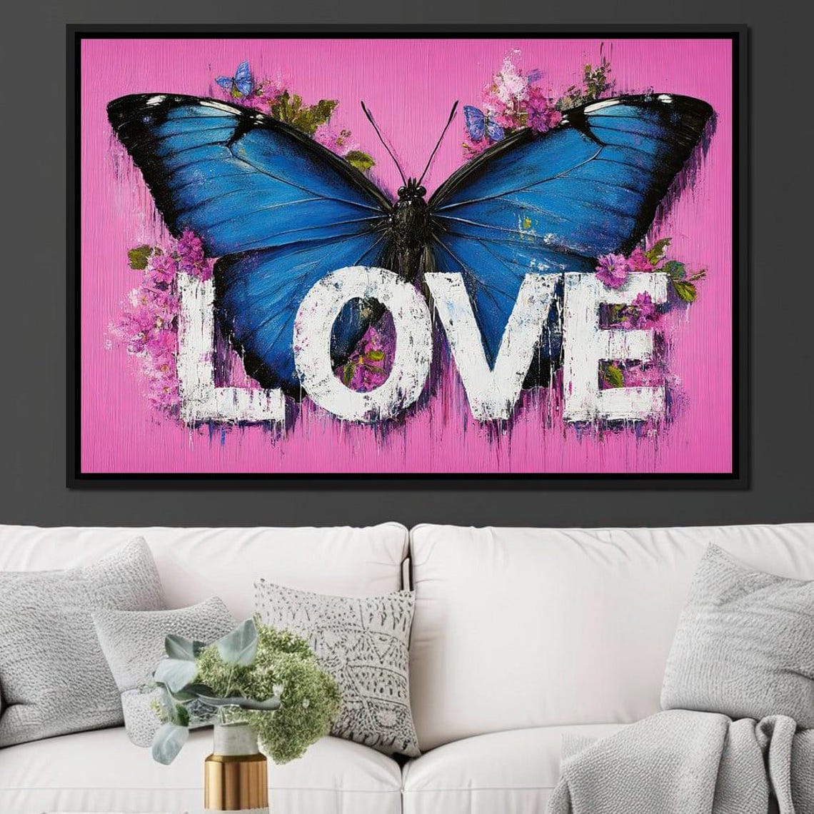 Blue Morpho Butterfly Pink Background LOVE Typography Floral Wall Art - Image 3