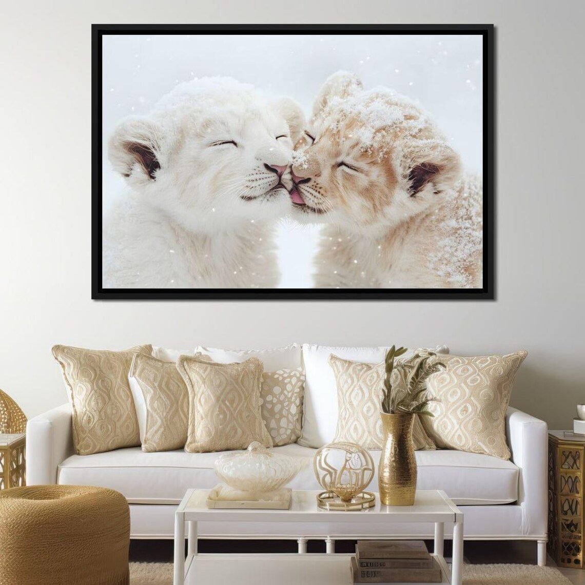 Two Lion Cubs Nuzzling In Falling Snow Wildlife Photo Poster - Image 2