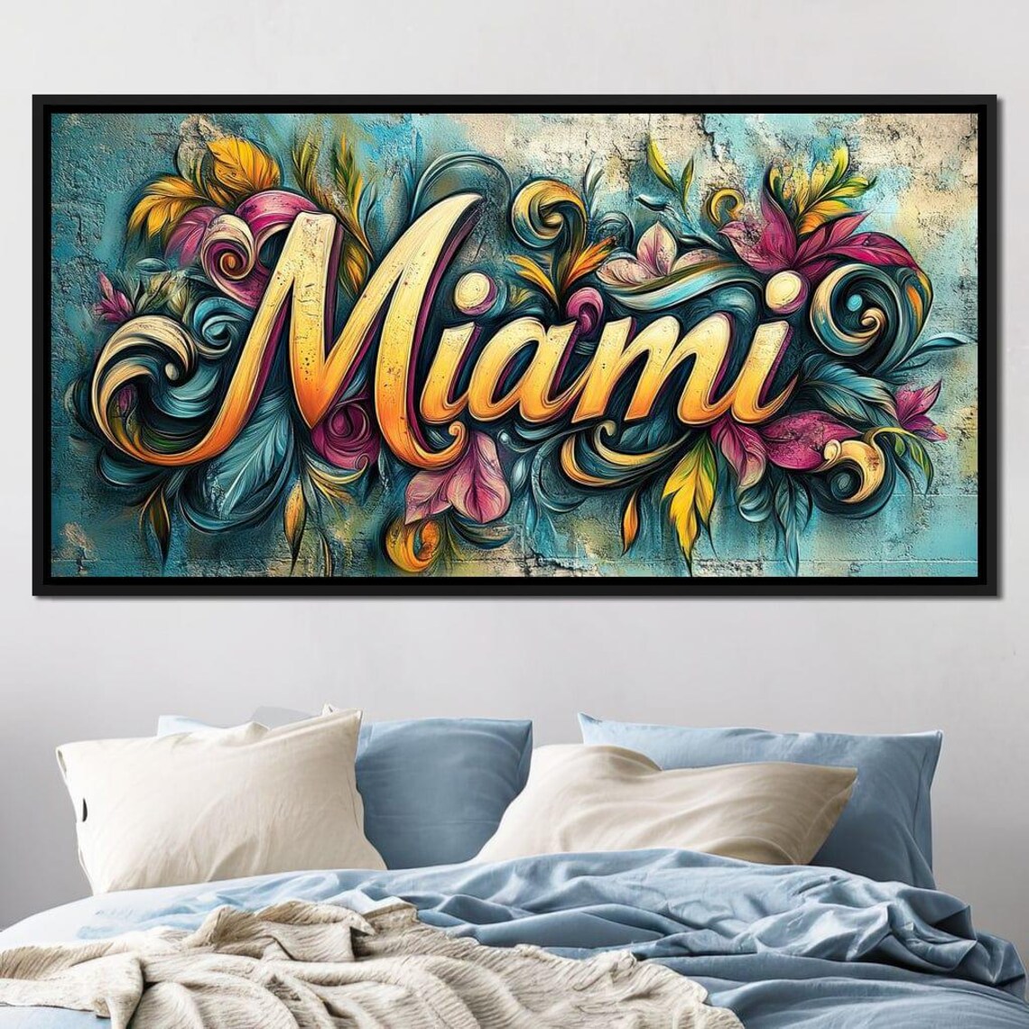 Miami Gold Script Tropical Floral Swirl Colorful Typography Art Poster - Image 3