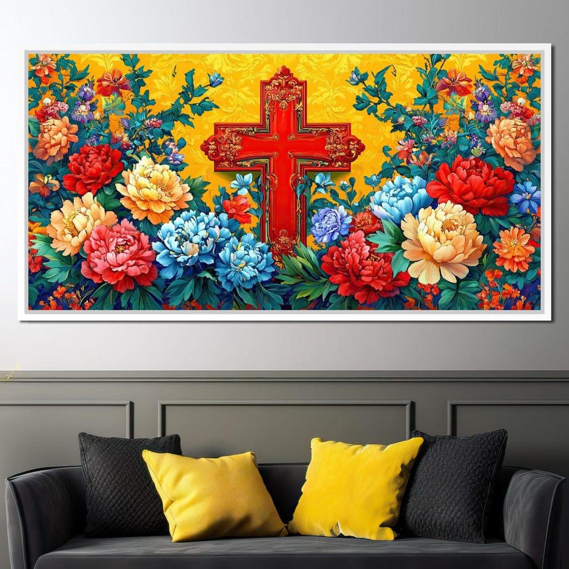 Red Cross Floral Peony Five Panel Christian Golden Wall Art Poster - Image 2