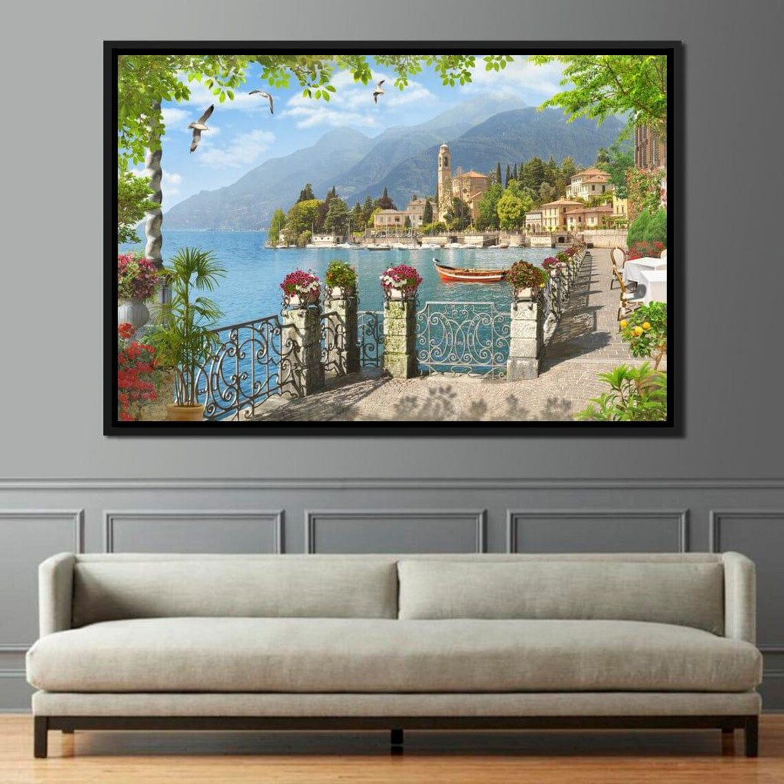 Italian Lake Promenade Villas Mountains Serene Coastal View Poster - Image 2