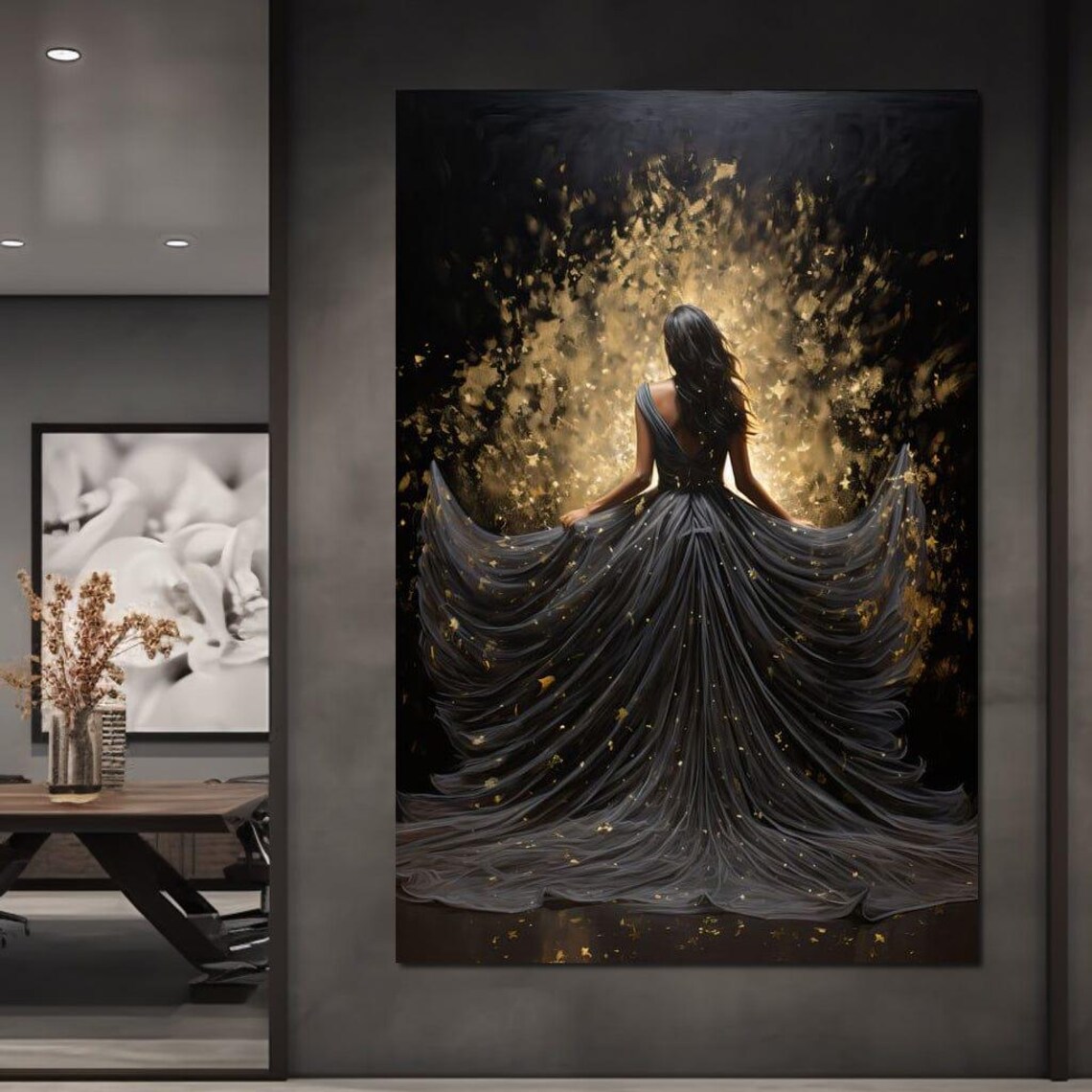 Woman Black Flowing Gown Gold Sparkles Dark Elegant Night Poster - Image 3