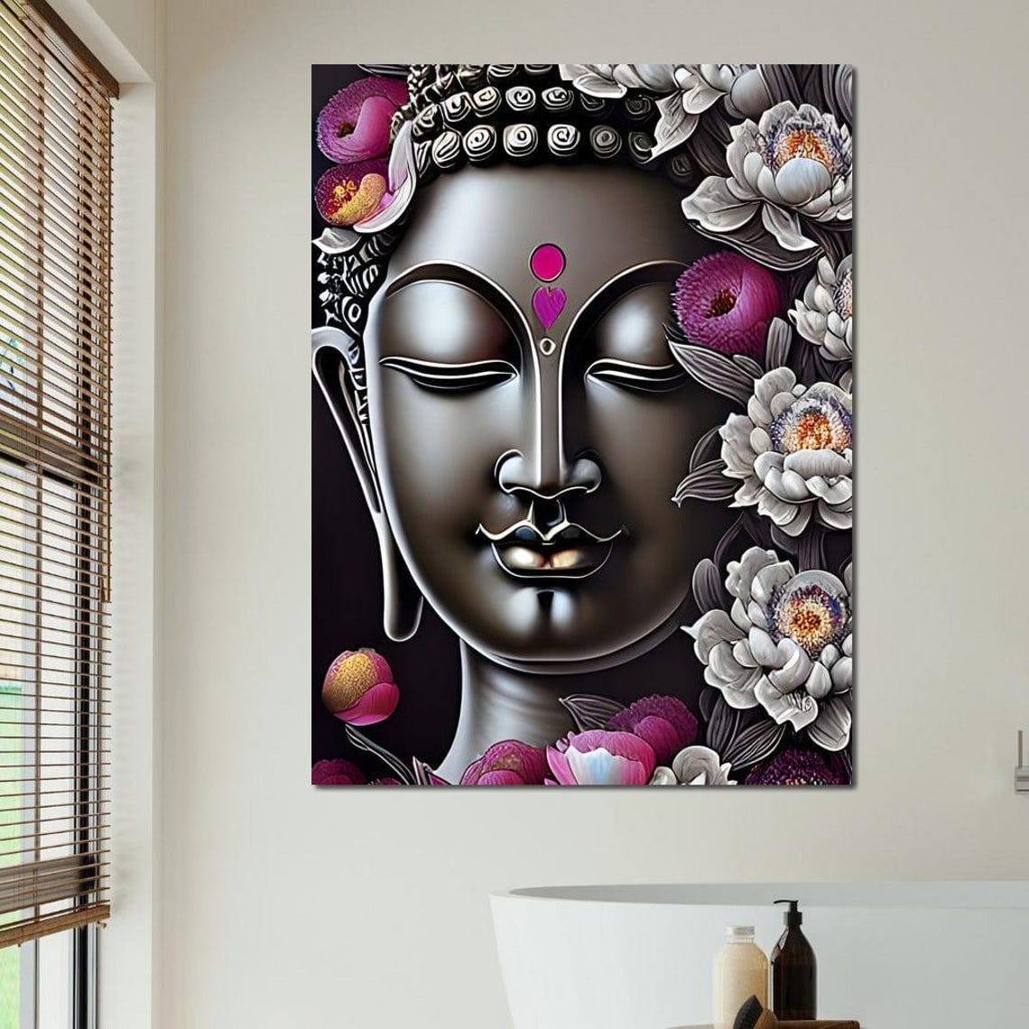 Silver Buddha Face Pink Grey Flowers Lotus Zen Calm Meditation Poster - Image 4