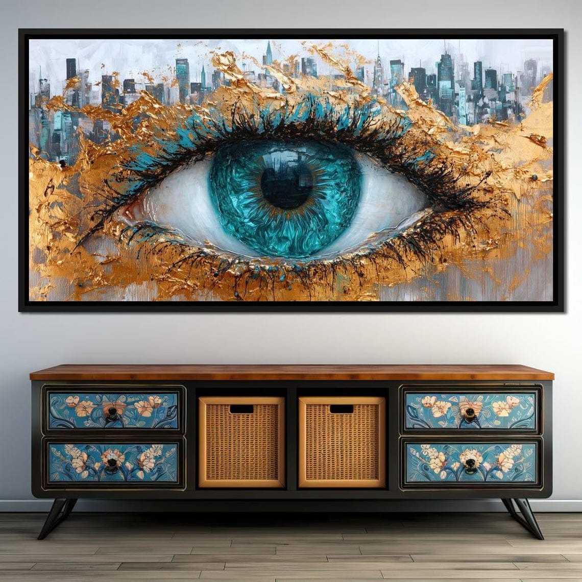 Turquoise Eye Skyline Five Panel Gold Canvas Modern Statement Poster - Image 4