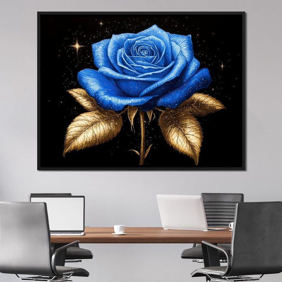 Blue Rose Gold Leaves Black Starry Night Celestial Floral Art Poster - Image 2
