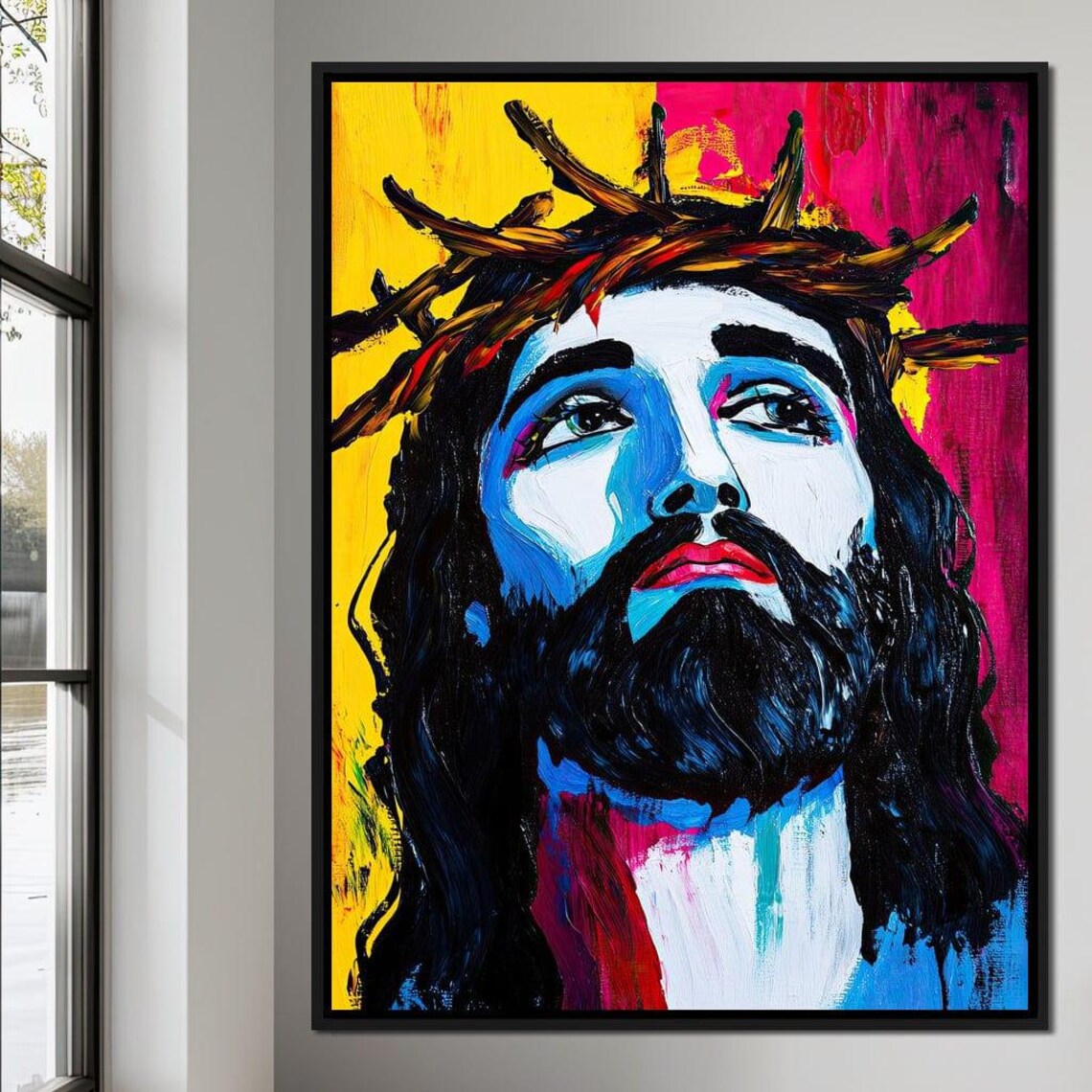 Pop Art Jesus Crown of Thorns Vibrant Religious Portrait Wall Art