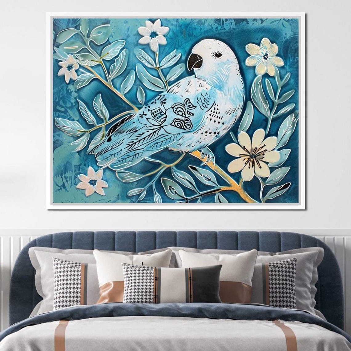 Blue Parrot On Blossom Branch Teal Botanical Bird Wall Art Print - Image 3