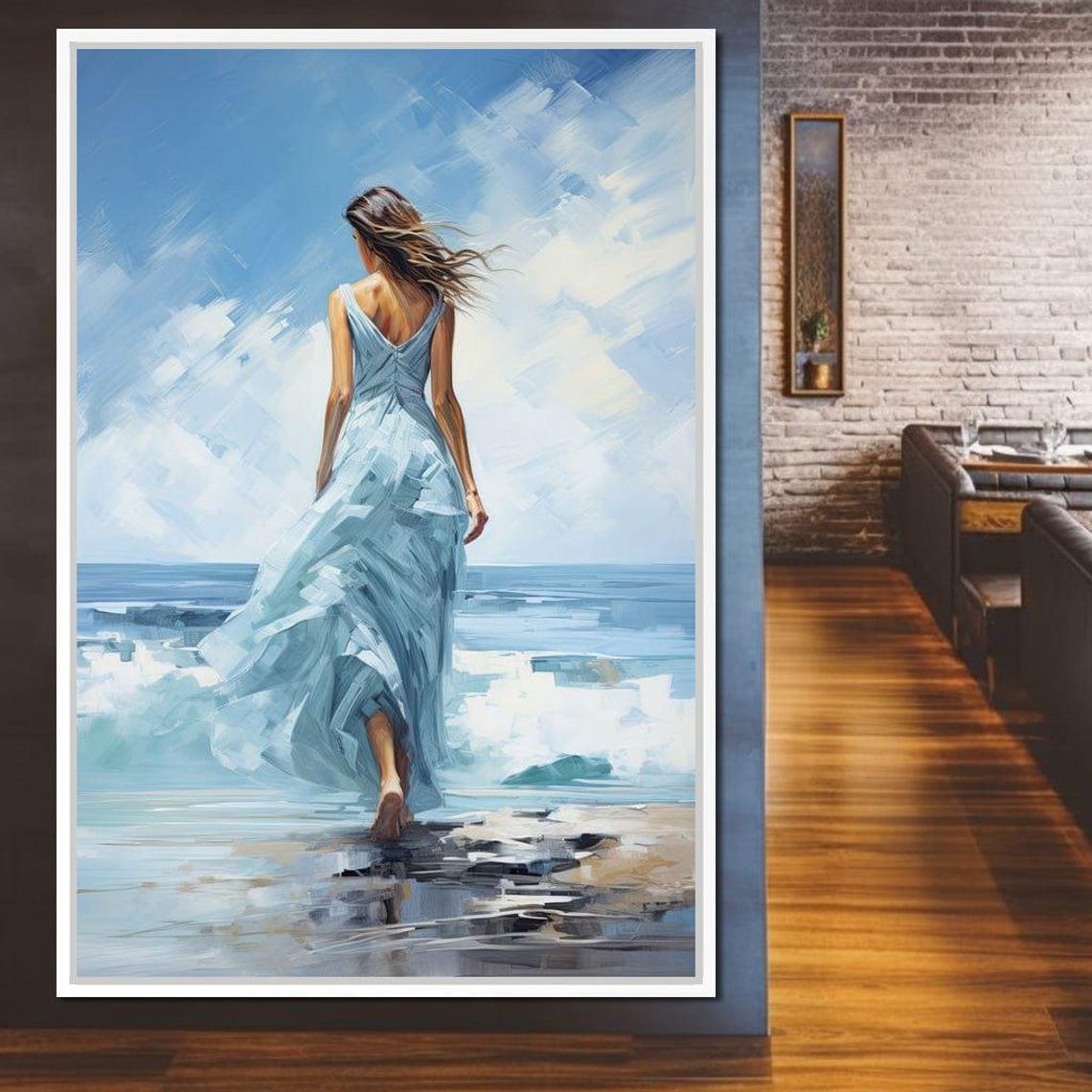 Woman Blue Dress Walking Beach Ocean Waves Serene Wall Art Print - Image 4