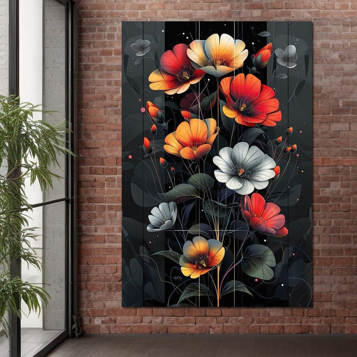 Moonlit Poppies Vibrant Red Orange Floral Blooms Night Garden Wall Art - Image 4