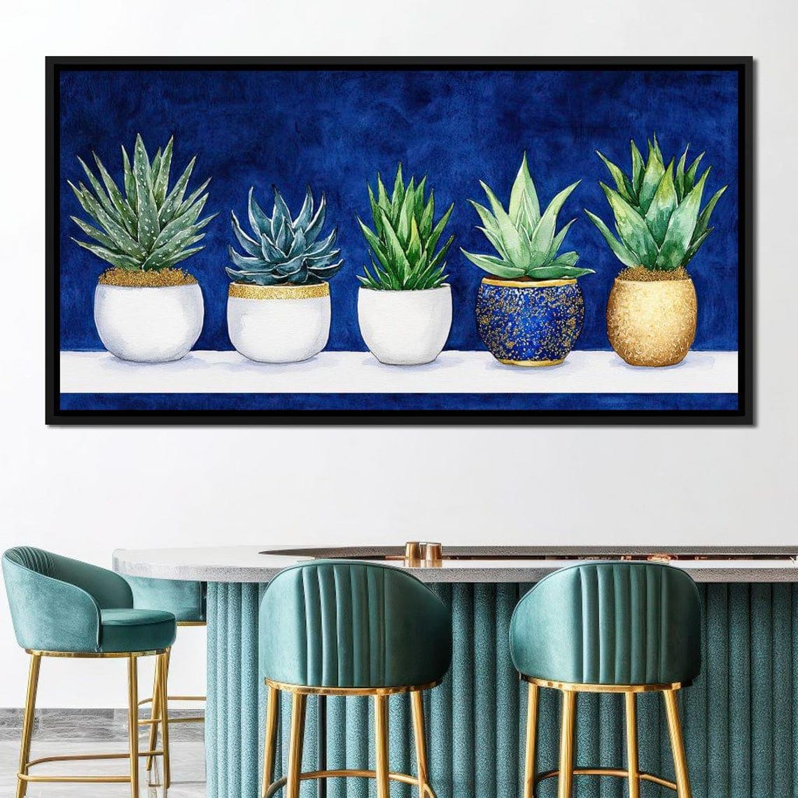 Five Potted Succulents And Agave On Deep Navy Blue Botanical Wall Art - Image 4