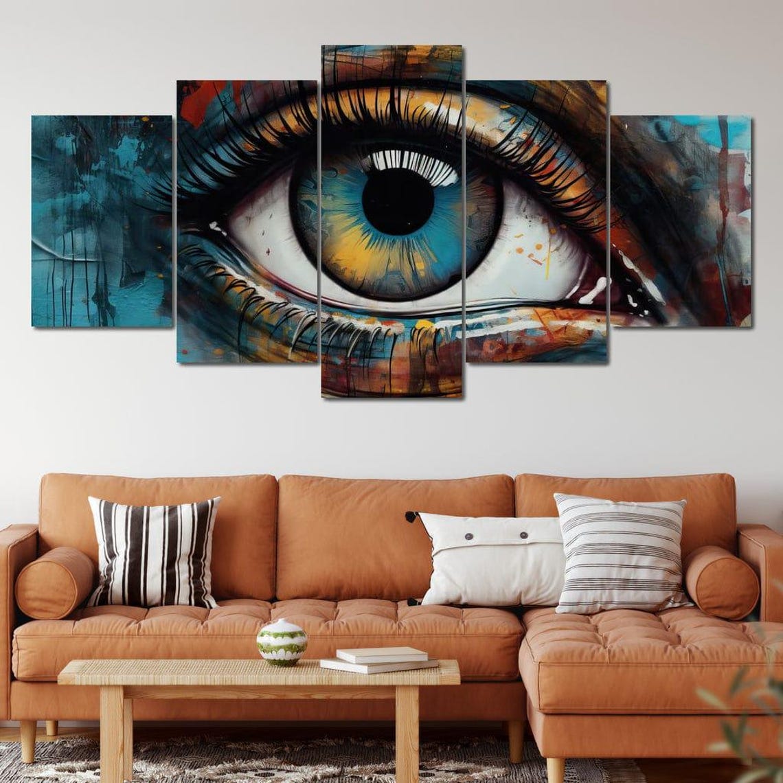 Tri Color Eye Graffiti 5 Panel Colorful Abstract Urban Wall Art