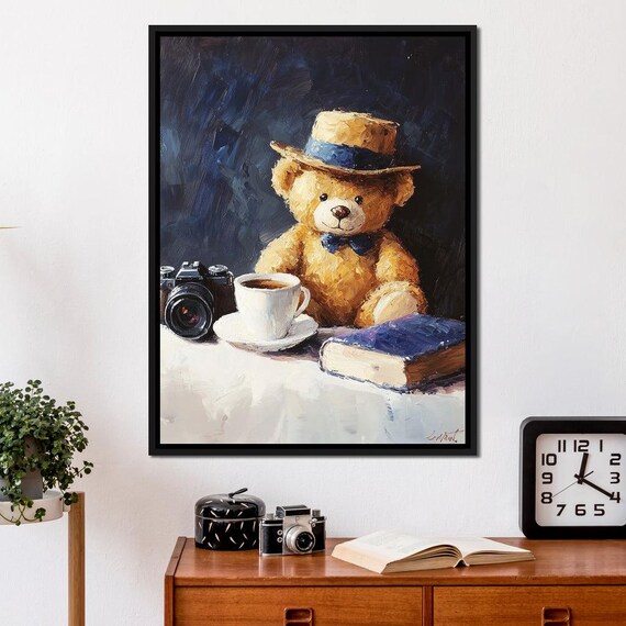 Teddy Bear In Straw Hat Coffee Cup Vintage Still Life Art Print
