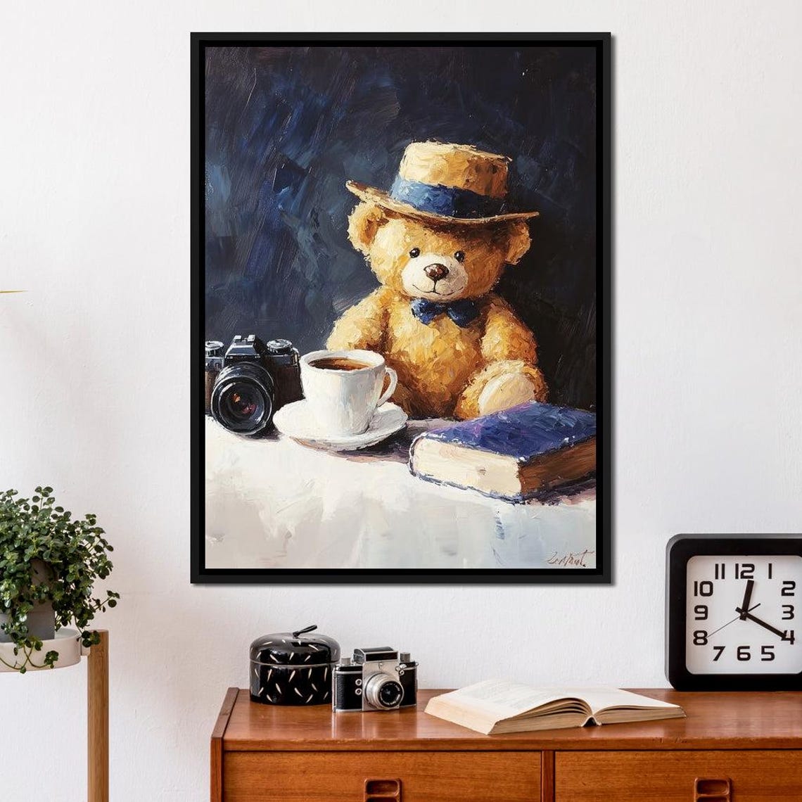 Teddy Bear In Straw Hat Coffee Cup Vintage Still Life Art Print