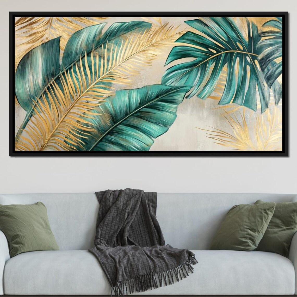 Teal Banana Leaves Gold Palm Fronds Cream Tropical Chic Wall Art