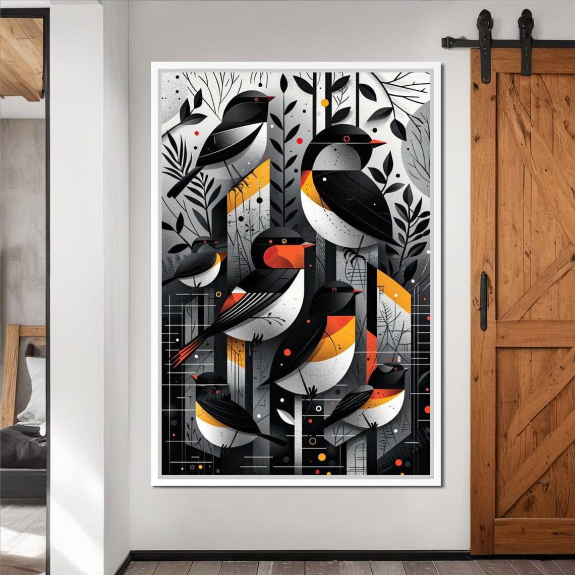 Geometric Songbirds Forest Black Orange Modern Bird Art Wall Poster - Image 2