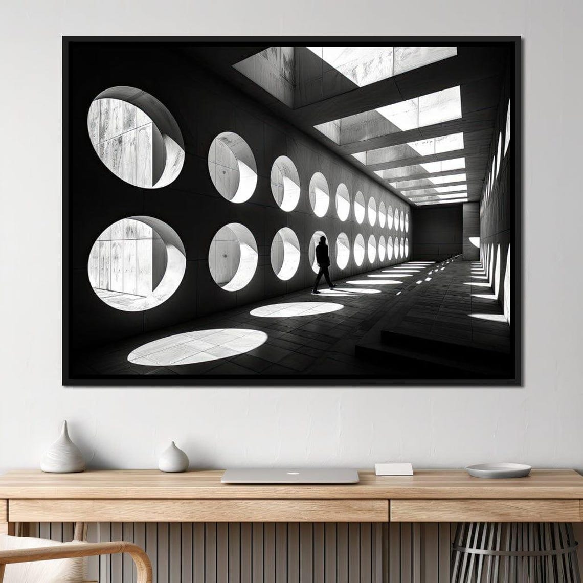 Circular Window Corridor Lone Figure Dramatic Light Minimalist Poster