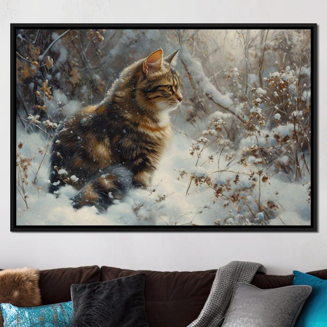 Tabby Cat In Snow Winter Wildlife Painting Serene Cat Lovers Art Print - Image 3