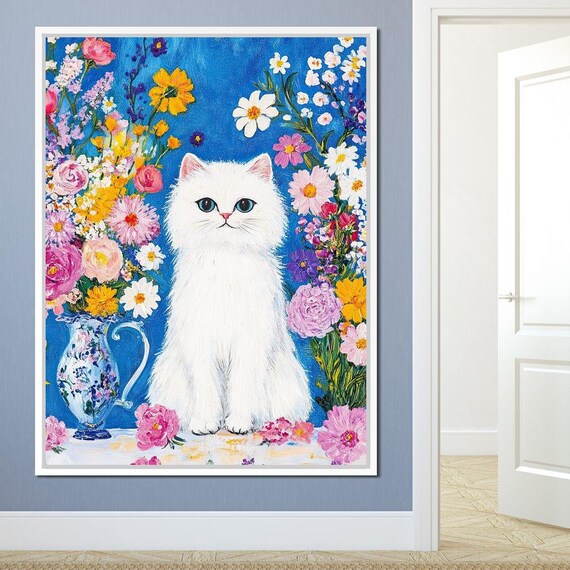 White Fluffy Cat Floral Vase Bouquet Blue Framed Whimsical Wall Art