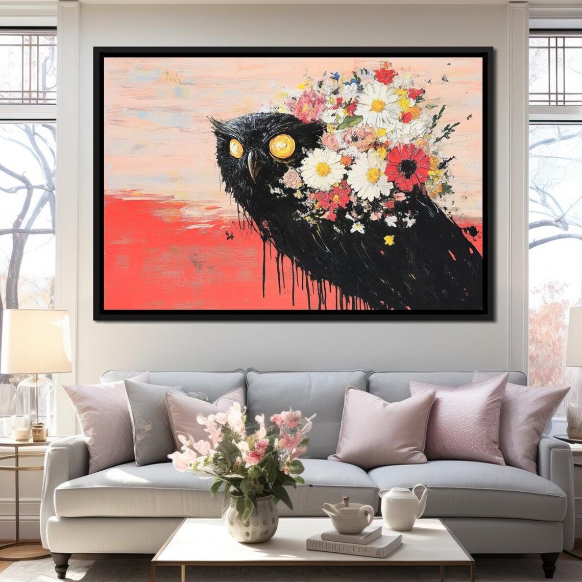 Black Owl Golden Eyes Colorful Daisy Flower Wildlife Wall Art Print - Image 2